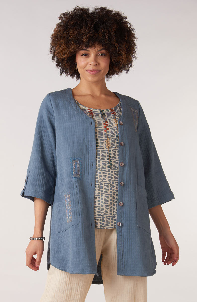 Soniya Dobby Gauze Soft Dressing Jacket - Harbor blue