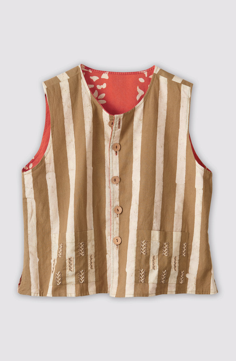 Afiza Reversible Batik Print Boxy Vest - Fire red/Straw