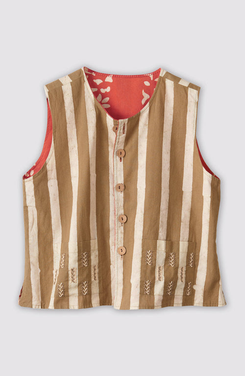 Afiza Reversible Batik Print Boxy Vest - Fire red/Straw