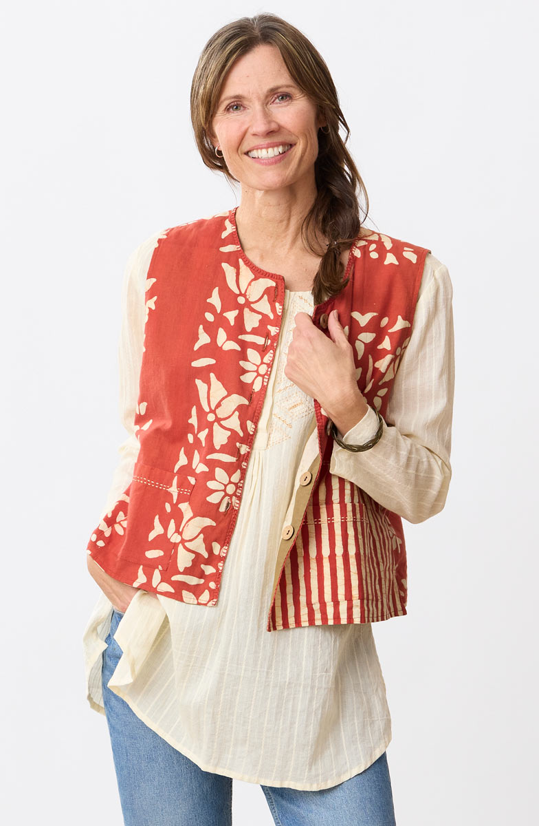 Afiza Reversible Batik Print Boxy Vest - Fire red/Straw
