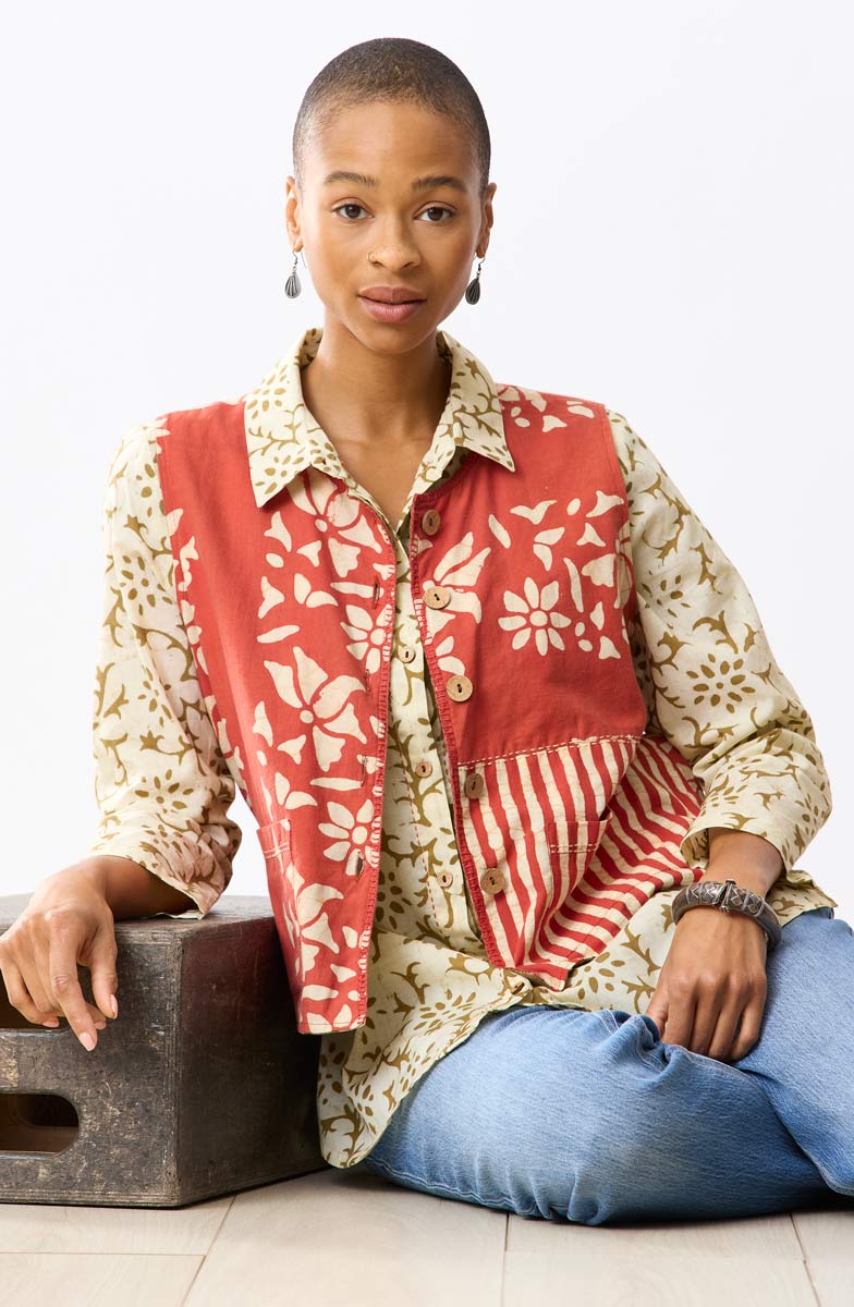 Afiza Reversible Batik Print Boxy Vest - Fire red/Straw