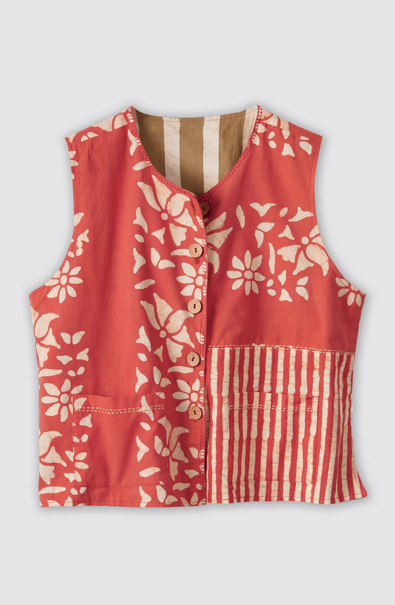 Afiza Reversible Batik Print Boxy Vest - Fire red/Straw