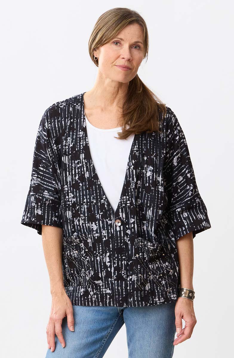 Kolkata Drop-Shoulder Batik Knit Jacket - Black