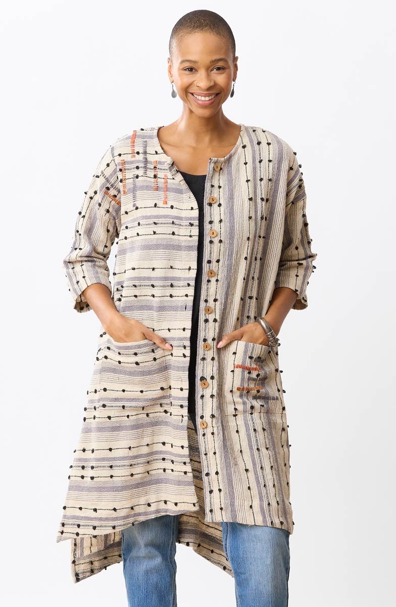Bhadra Textured Cotton Oversized Jacket - Natural/Multi