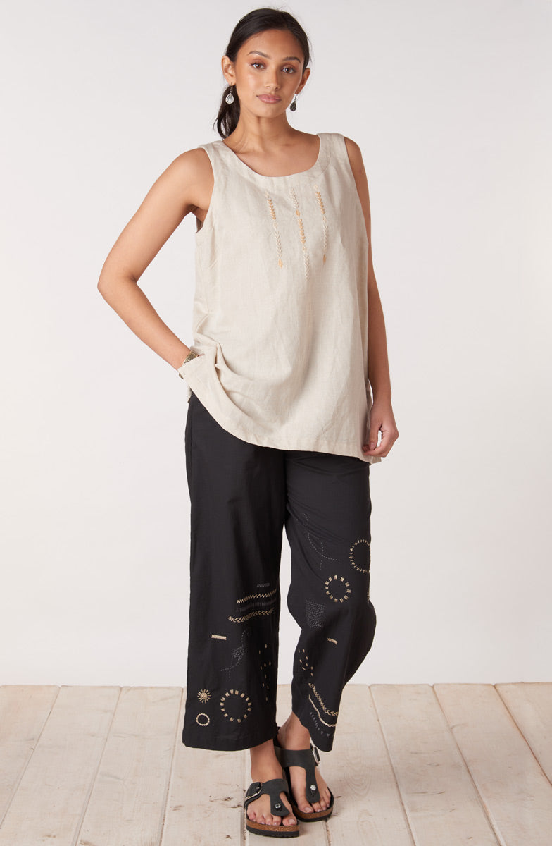 Kesari Organic Cotton Embroidered Crop Pant - Black