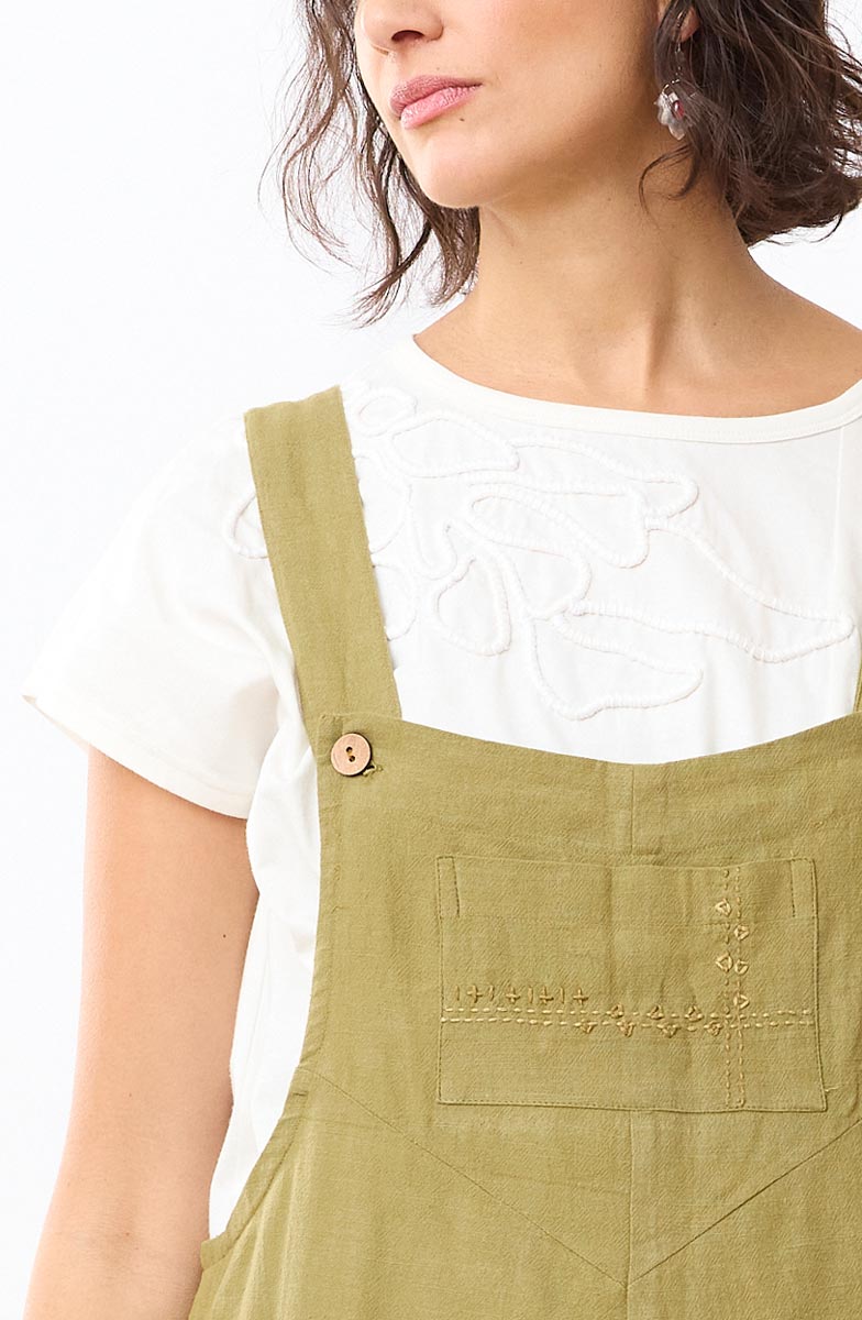 Deepti Slub Cotton Cropped Overalls - Green chili