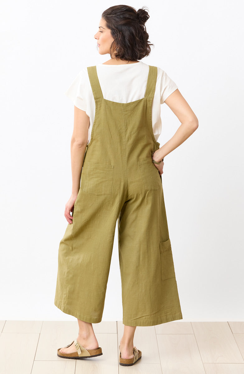Deepti Slub Cotton Cropped Overalls - Green chili