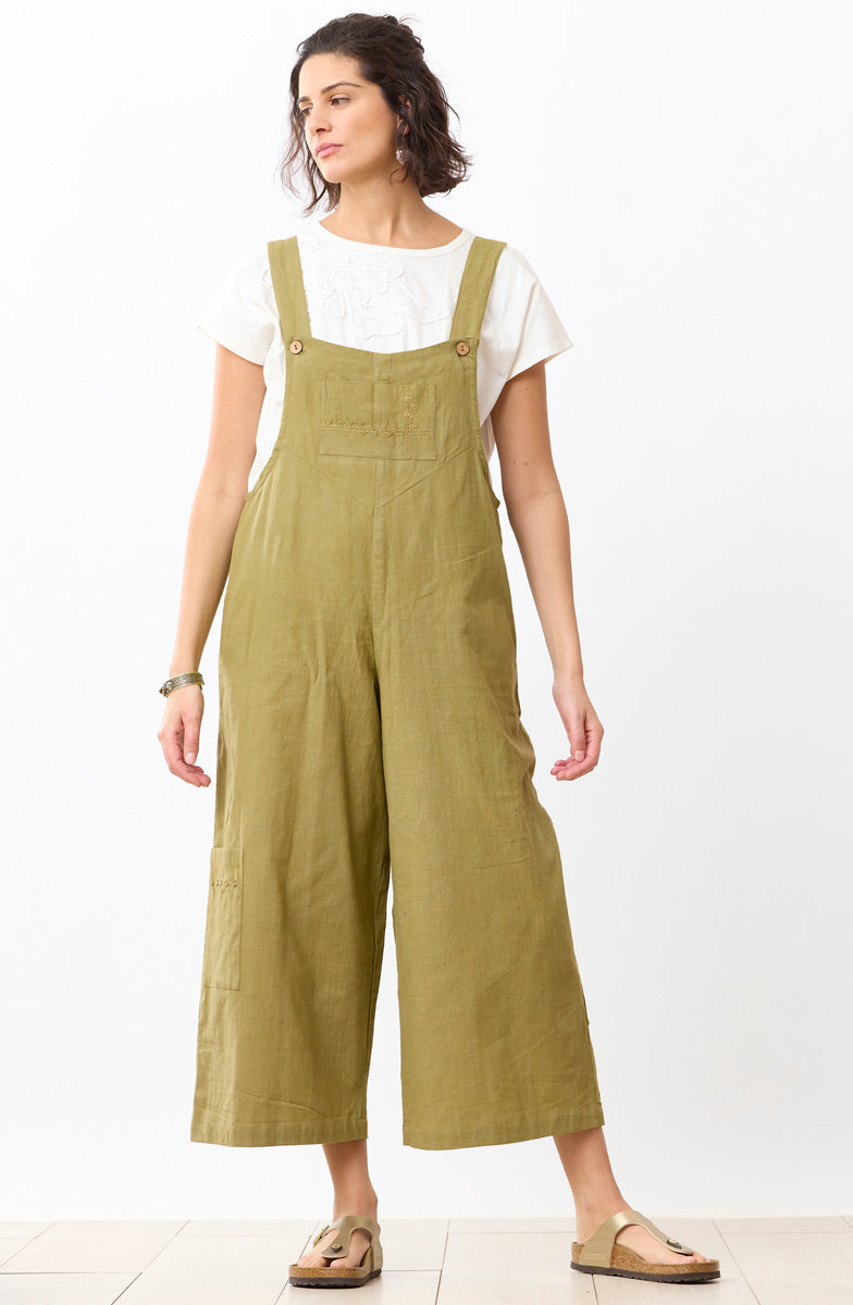 Deepti Slub Cotton Cropped Overalls - Green chili