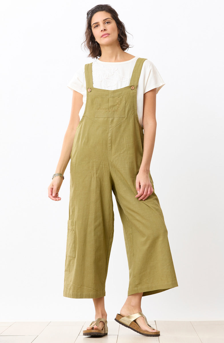 Deepti Slub Cotton Cropped Overalls - Green chili
