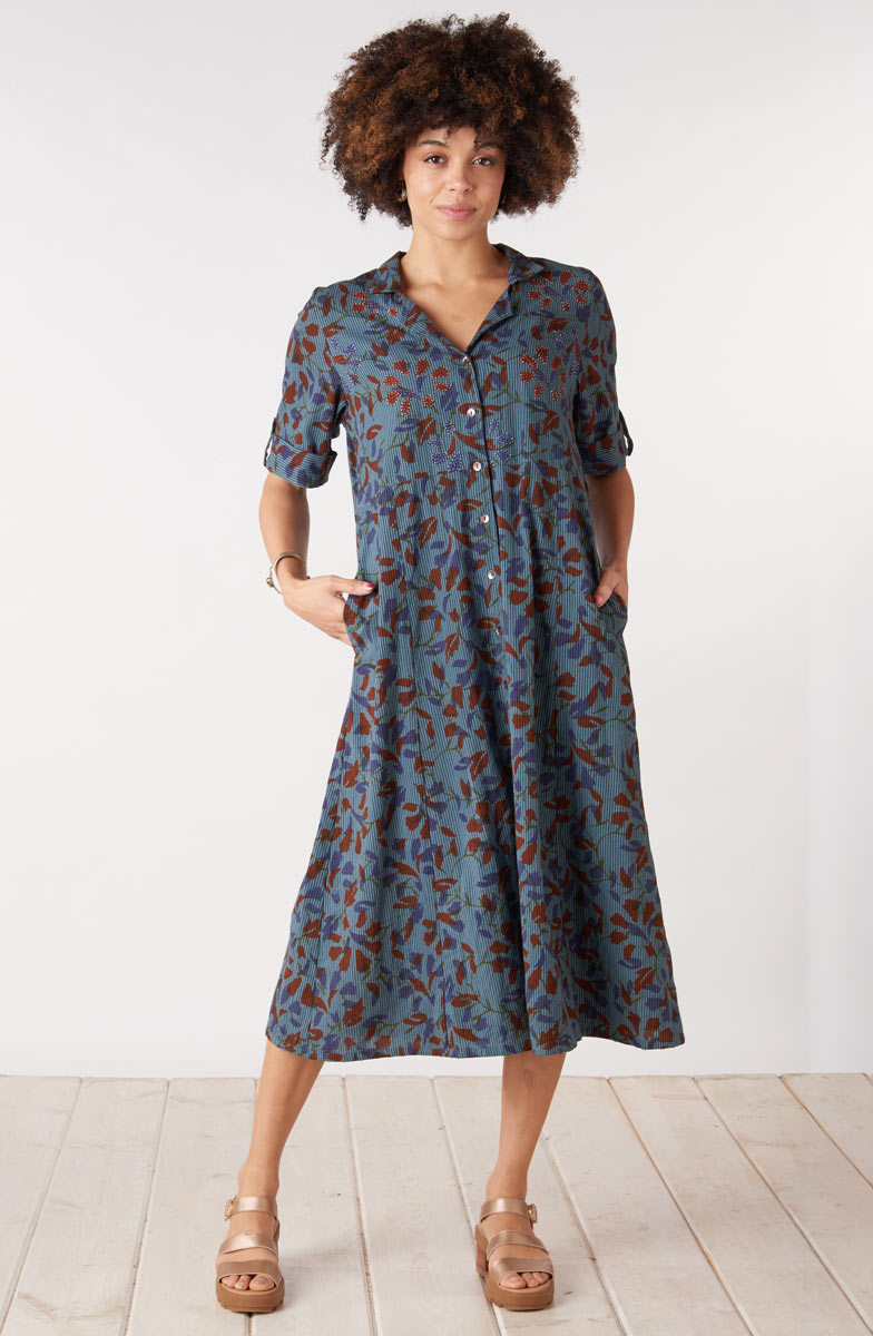Anisha Resort Collar Fit and Flair Shirtdress - Blue/Multi