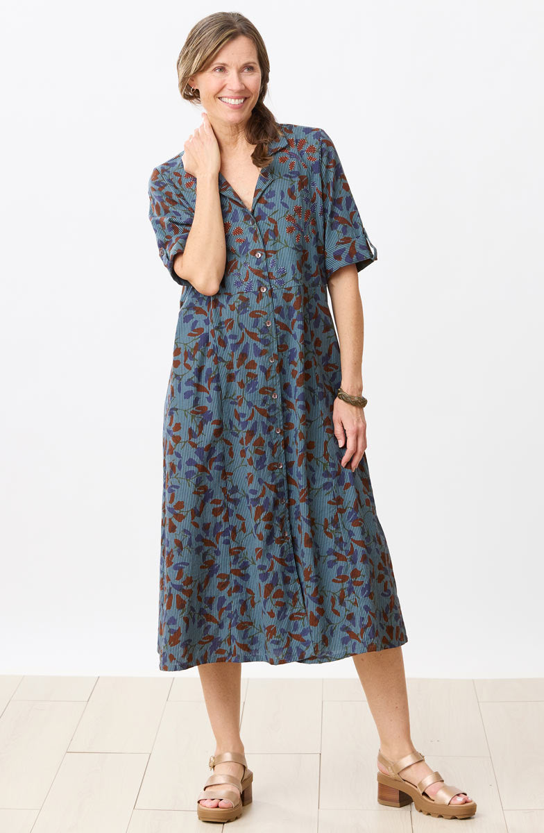 Anisha Resort Collar Fit and Flair Shirtdress - Blue/Multi