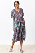 Nitya Lantern-Shaped Midi Dress - Plum/Multi