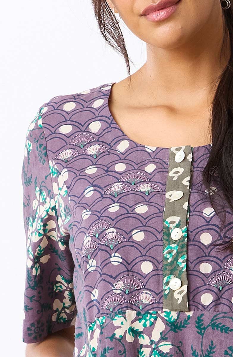 Nitya Lantern-Shaped Midi Dress - Plum/Multi