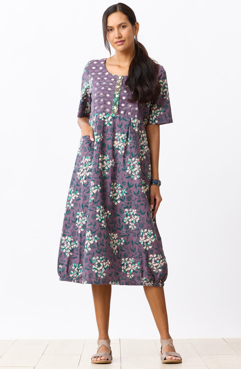 Nitya Lantern-Shaped Midi Dress - Plum/Multi