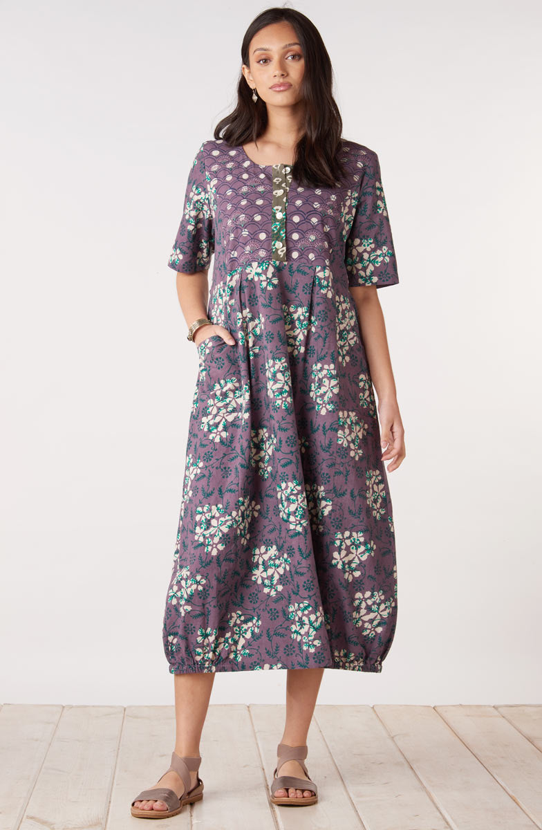 Nitya Lantern-Shaped Midi Dress - Plum/Multi