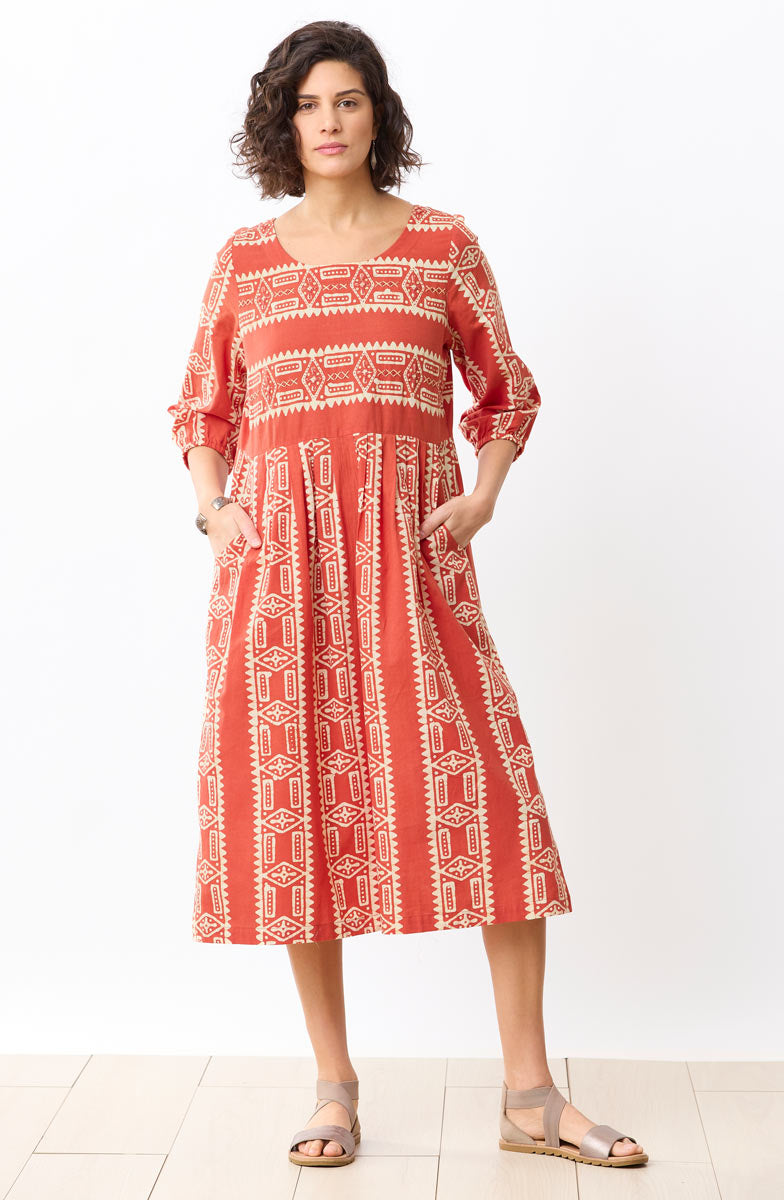 Vasuda Batik Print Midi Dress - Fire red/Straw
