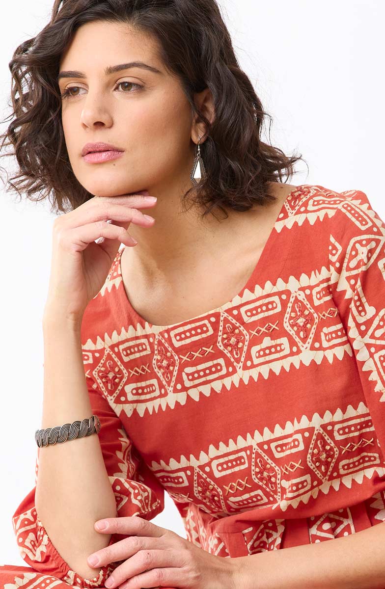 Vasuda Batik Print Midi Dress - Fire red/Straw