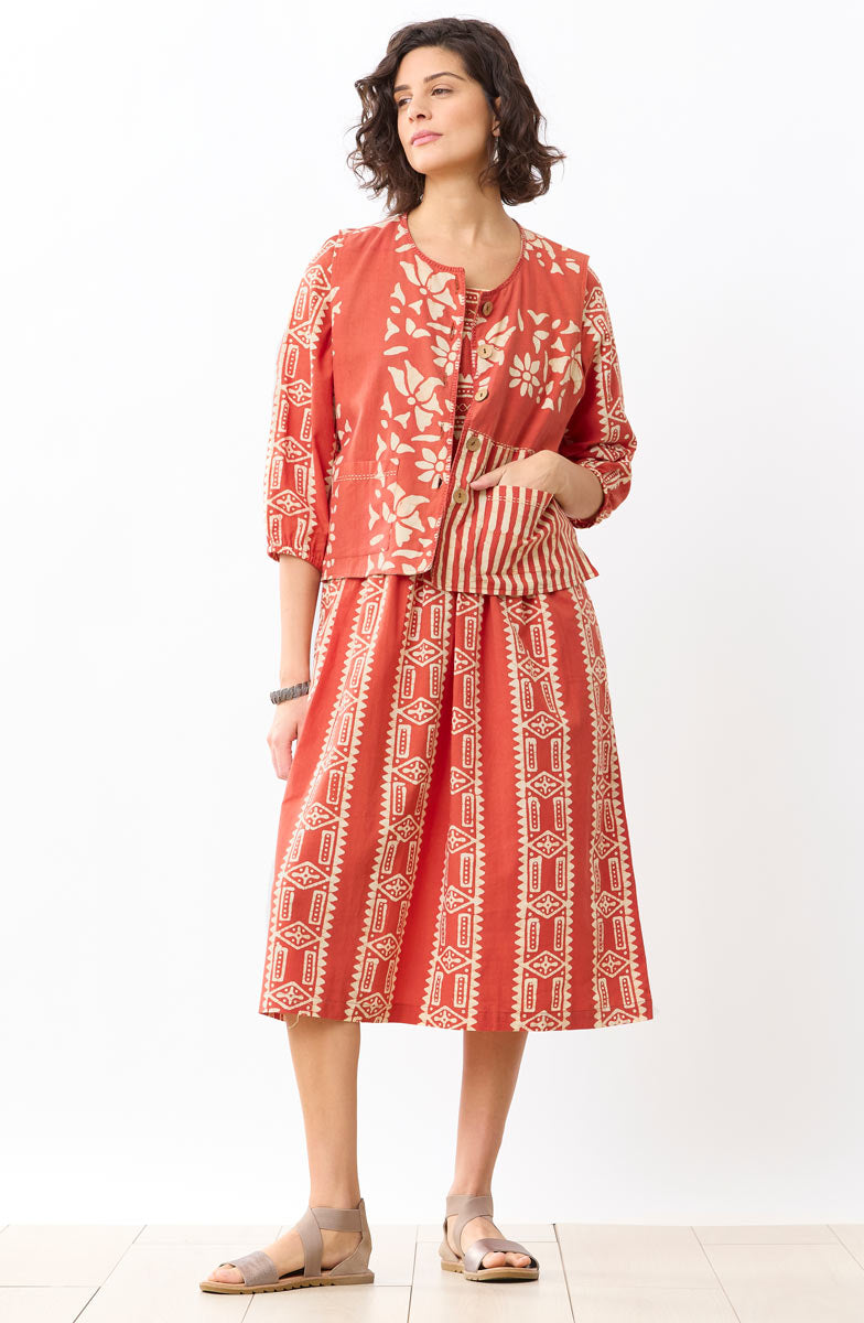 Vasuda Batik Print Midi Dress - Fire red/Straw