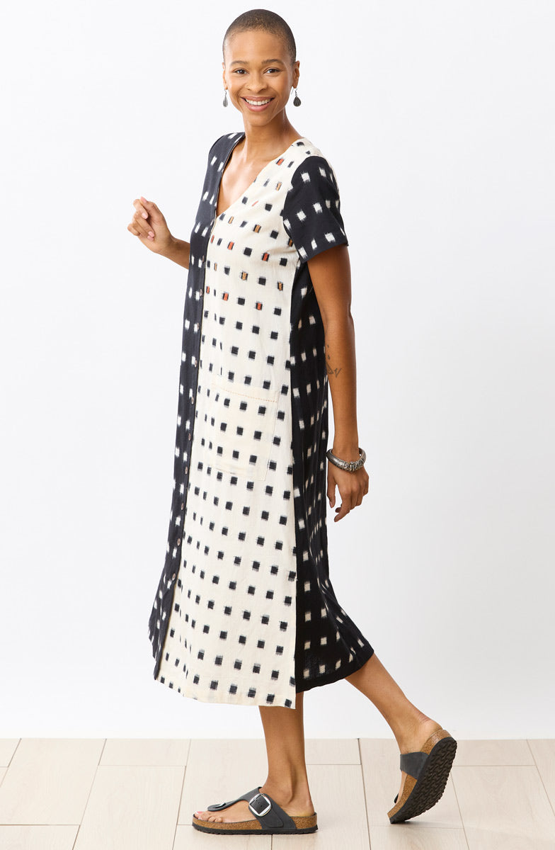 Rajouri Ikat Button Front Midi Dress - Soft white/Black