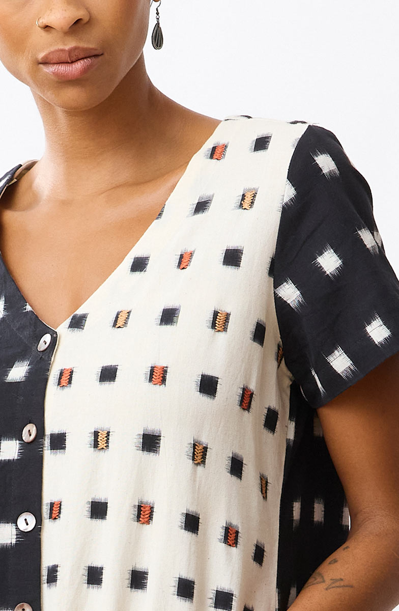 Rajouri Ikat Button Front Midi Dress - Soft white/Black