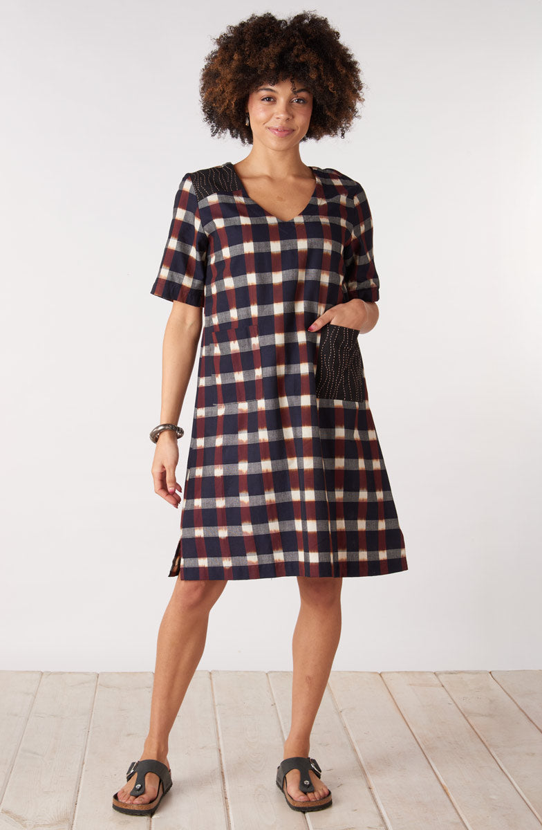 Aloka Ikat V-Neck Knee-Length Dress - Black/Multi
