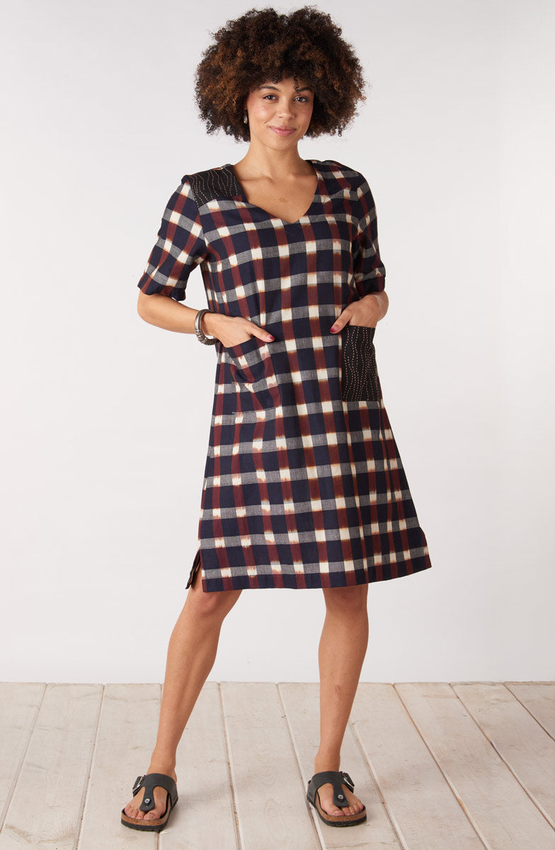 Aloka Ikat V-Neck Knee-Length Dress - Black/Multi
