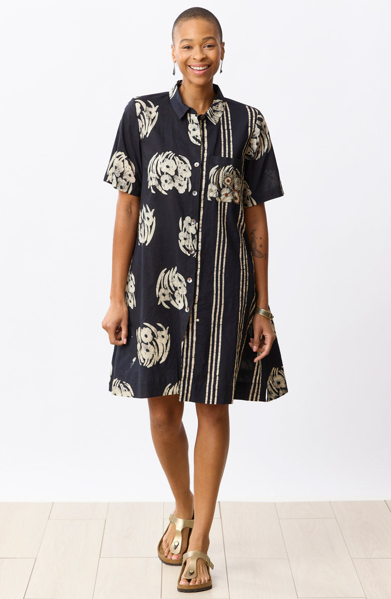Deepali Short-Sleeve A-line Shirtdress - Black/Natural