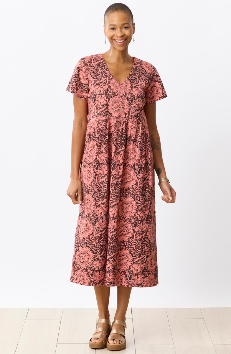 Geethali Organic Cotton V-Neck Midi Dress - Grapefruit/Ebony