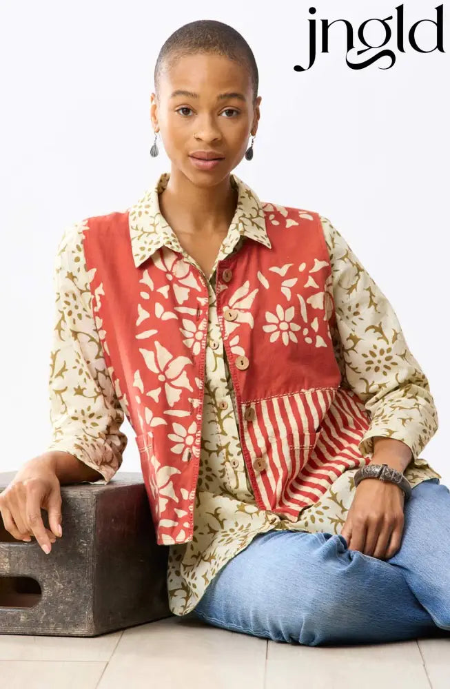 Afiza Reversible Batik Print Boxy Vest - Fire red/Straw