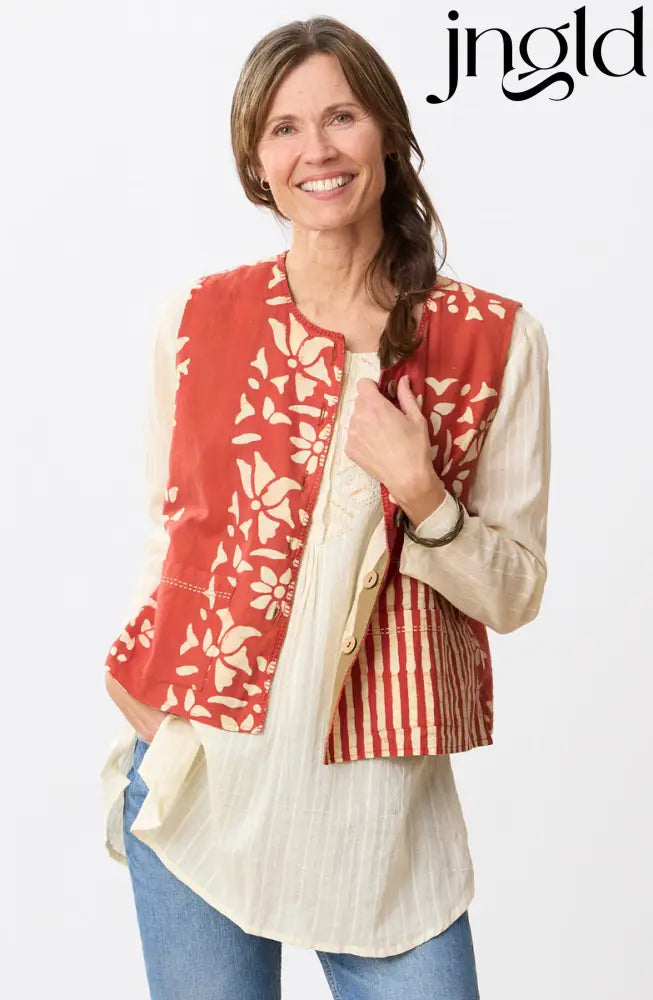 Afiza Reversible Batik Print Boxy Vest - Fire red/Straw