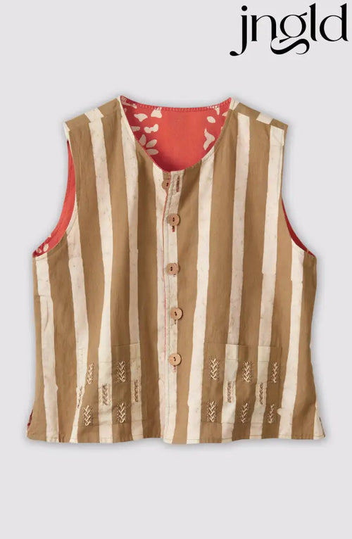 Afiza Reversible Batik Print Boxy Vest - Fire red/Straw