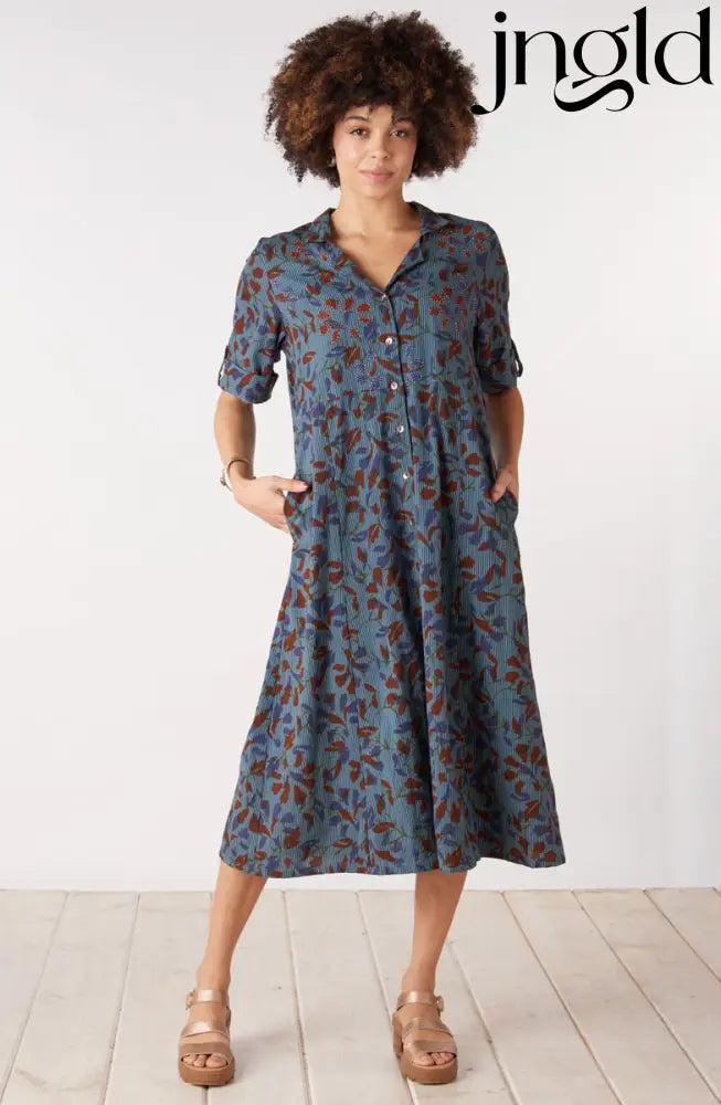 Anisha Resort Collar Fit and Flair Shirtdress - Blue/Multi