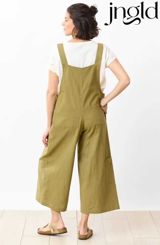 Deepti Slub Cotton Cropped Overalls - Green chili