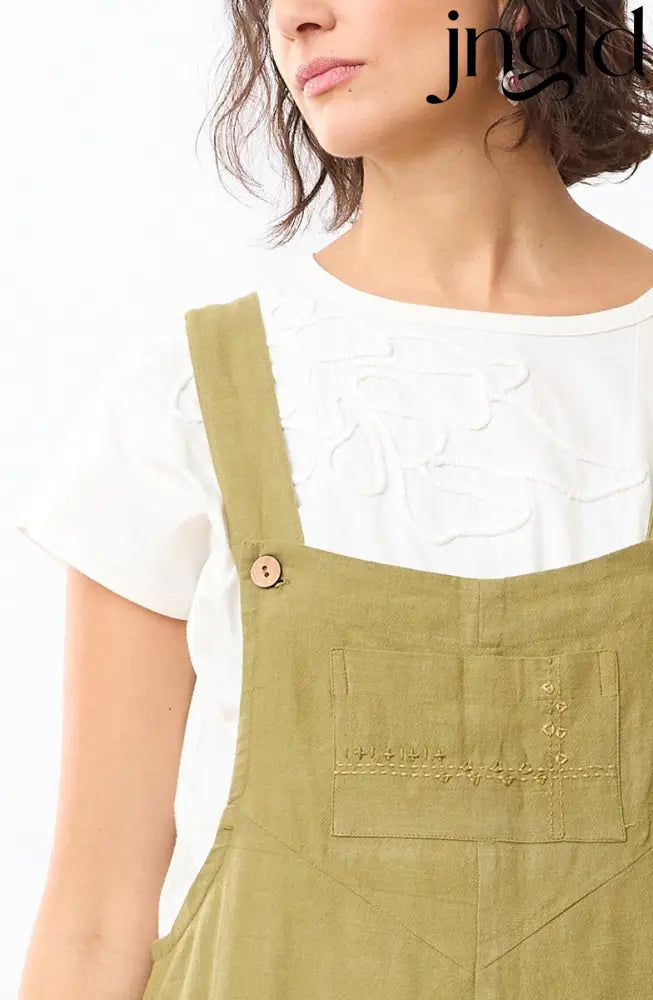 Deepti Slub Cotton Cropped Overalls - Green chili