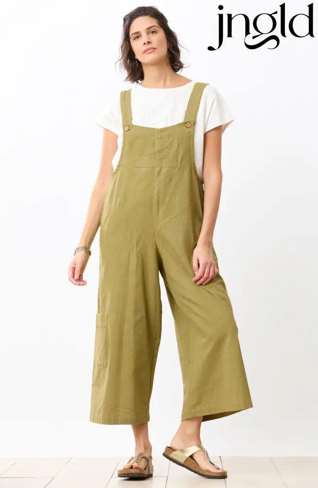 Deepti Slub Cotton Cropped Overalls - Green chili