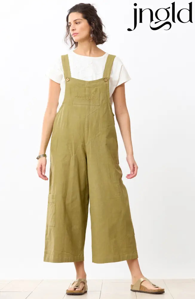 Deepti Slub Cotton Cropped Overalls - Green chili