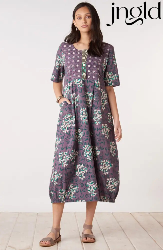 Nitya Lantern-Shaped Midi Dress - Plum/Multi