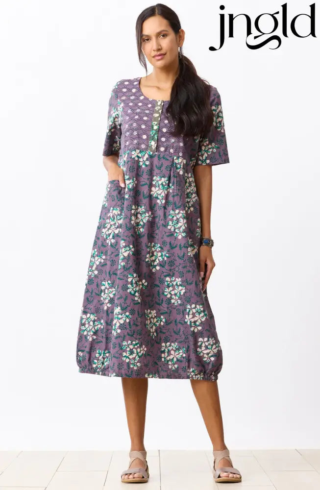 Nitya Lantern-Shaped Midi Dress - Plum/Multi