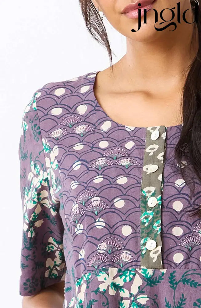 Nitya Lantern-Shaped Midi Dress - Plum/Multi