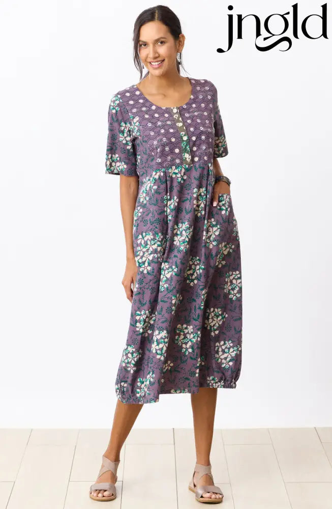 Nitya Lantern-Shaped Midi Dress - Plum/Multi - Plum/Multi / PS (6-8)