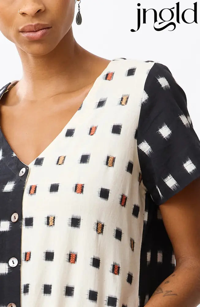 Rajouri Ikat Button Front Midi Dress - Soft white/Black