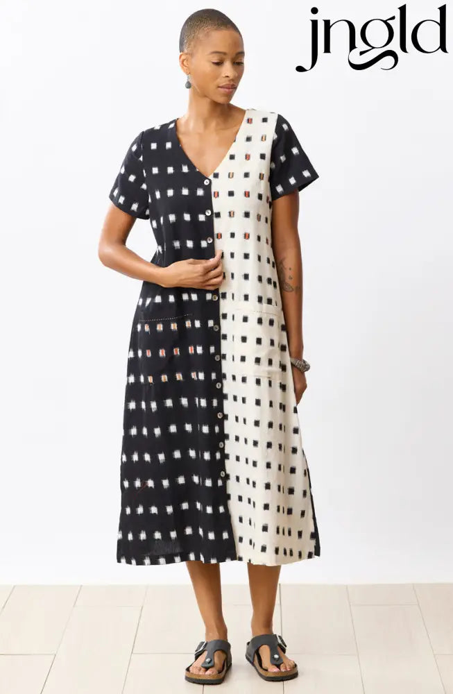 Rajouri Ikat Button Front Midi Dress - Soft white/Black