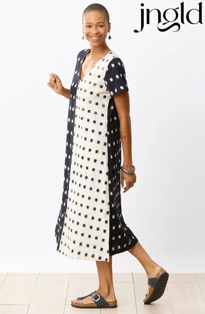 Rajouri Ikat Button Front Midi Dress - Soft white/Black