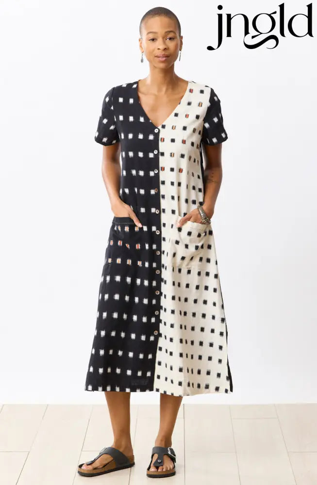 Rajouri Ikat Button Front Midi Dress - Soft white/Black - Soft white/Black / PS (6-8)