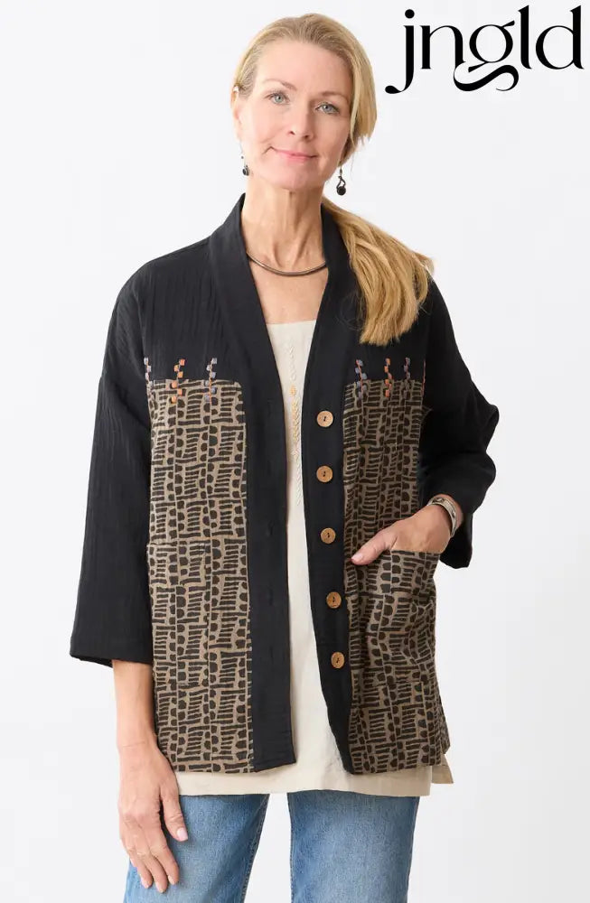 Rupashi Cotton Dobby Gauze Jacket - Cumin/Black - Cumin/Black / S (6-8)