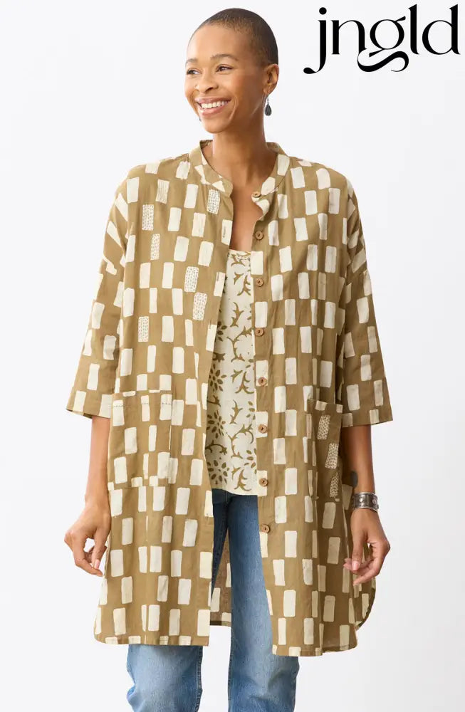 Usha Batik Print Oversized Shirt Jacket - Straw - Straw / XS (2-4)