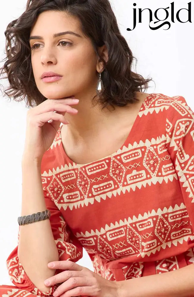 Vasuda Batik Print Midi Dress - Fire red/Straw