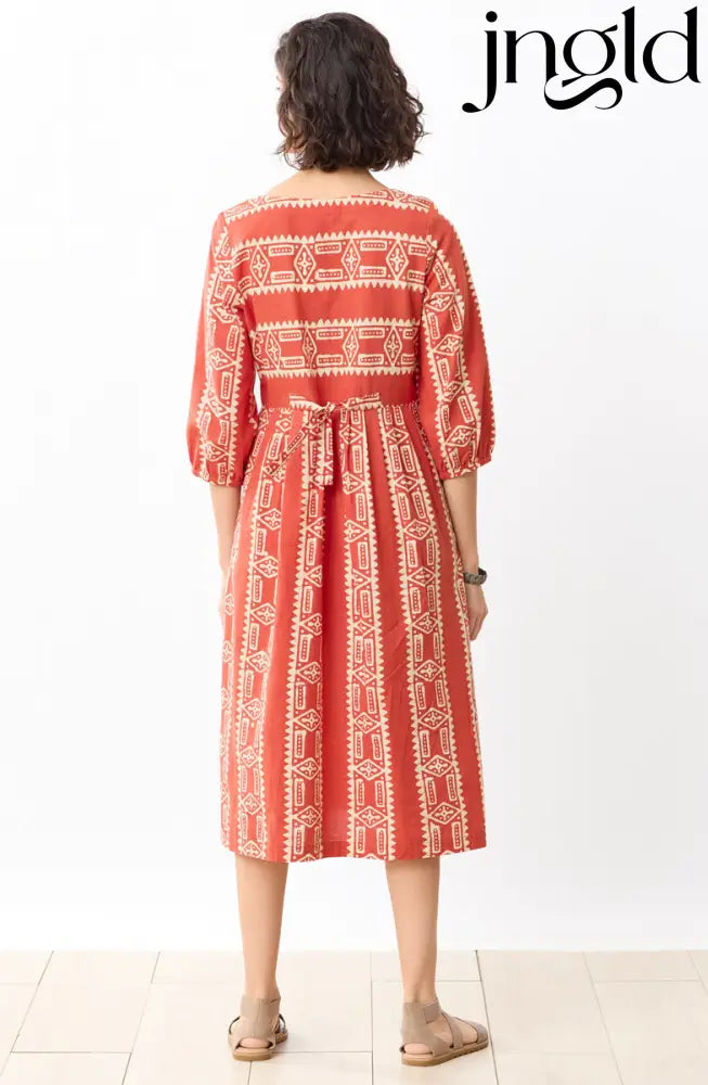 Vasuda Batik Print Midi Dress - Fire red/Straw