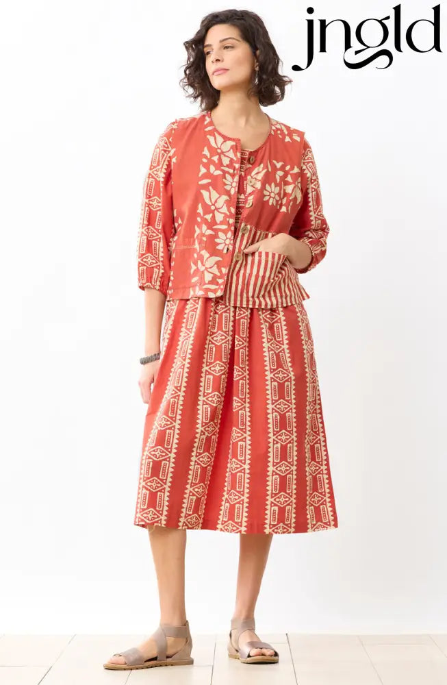 Vasuda Batik Print Midi Dress - Fire red/Straw