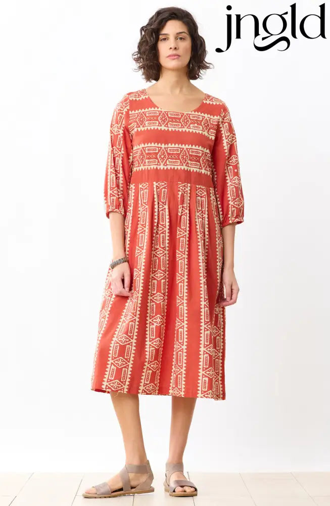 Vasuda Batik Print Midi Dress - Fire red/Straw - Fire red/Straw / XS (2-4)